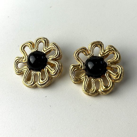Givenchy Gold Flower Clip On Earrings with Black Cabochon - Picture 5 of 7
